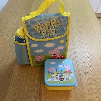 3pc Peppa Pig Happy Lunch Bag Set Kids Insulated Lunch Bag Box Drinks Bottle • £14.50