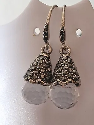 Silver Tone Marcasite & Cut Crystal Art Deco Style Drop Dangle Earrings • £10