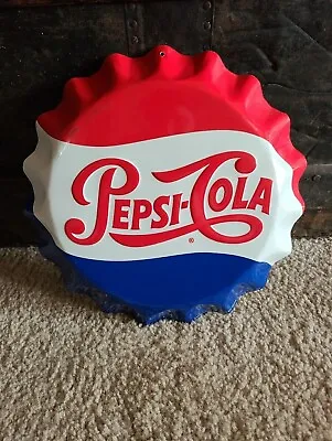 Vintage Pepsi-Cola Metal Bottle Cap Embossed Stout Marketing Sign - 11  Diameter • $180
