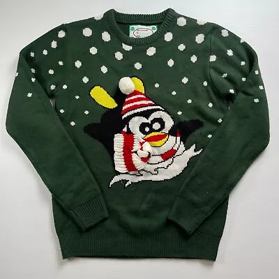 Christmas Knit Sweater Womens Green With Penguin Size S • $24.95