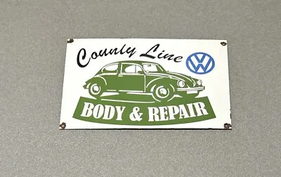 Vintage 12” Vw Volkswagen County Line Porcelain Sign Car Gas Truck Gasoline • $94.99