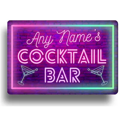 Cocktail Bar Sign Neon Retro Personalised Pubs Wall Home Decor Custom Plaque 80s • £5.99