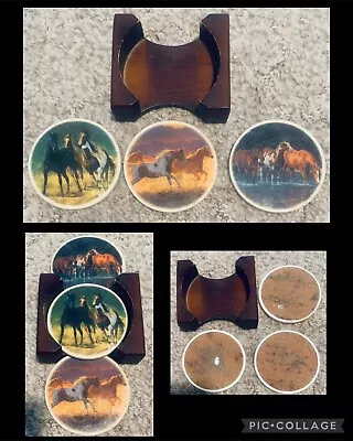 Vintage Set Of 3 Different Horse Coasters & Wood Holder Rustic Country Western • $14.95