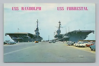 Postcard USS Randolph & USS Forrestal Warships Norfolk Virginia Vintage Cars • $6.99