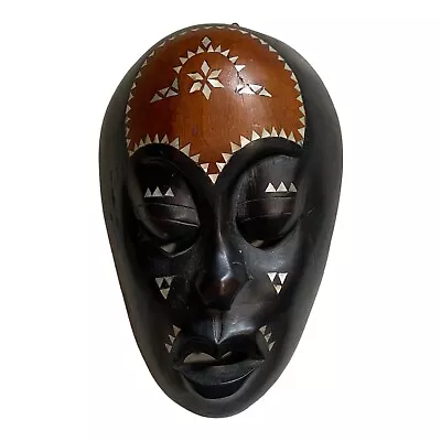 VTG Indonesian Hand Crafted Two Tone Carved Wood Mask W/Mother Of Pearl Inlay • $20.64