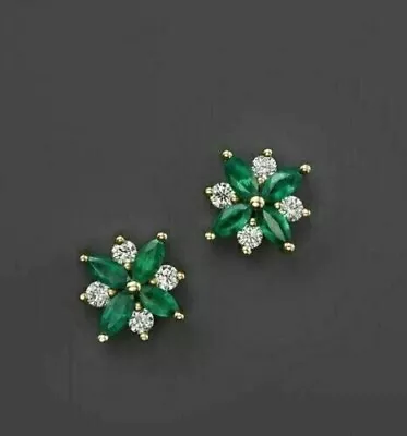 2Ct Marquise Lab-Created Emerald & Diamond Dangle Earrings 14K White Gold Plated • $79.19