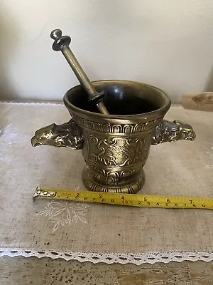 Vintage Heavy Brass Pharmacy Apothecary Mortar Pestle Eagle Greek Richard Klein • $39