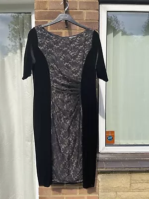 M&S Woman UK 16 Black Velvet Cocktail Dress With Lace Overlay Panel Party Dress • £12