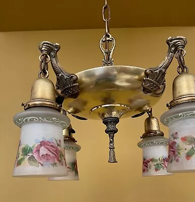Vintage Light 1920s Brass Pan Chandelier. Hand Painted Rose Glass Shades! • $1580