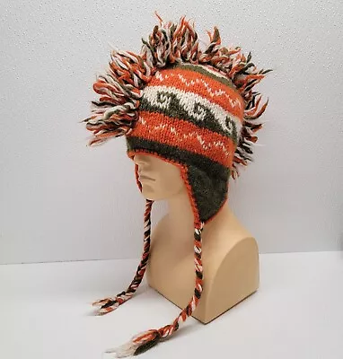 100% Wool Mohawk Knit Winter Beanie Hat With Earflaps India Jackpot Orange Green • $17.50