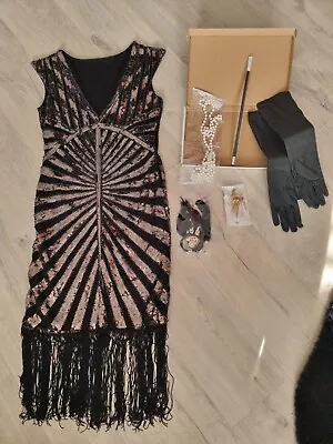 Vintage Style 1920s Sequin Charleston Gatsby Dress Size 10/12 & Accessories • £29.99