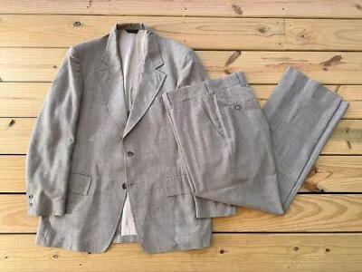 1970s Mens Beige Striped Two-Piece Suit Size Large Vintage Retro Disco Hippie • $65