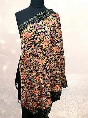 Luxurious Kashmiri Embroidery Shawl Scarf Wrap Stole Hijab Fine Wool Black • £20