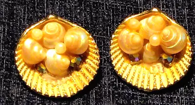 Vintage ART Brushed Gold Sea Shell Clip Earrings Ab Crystal 1950's Signed • $38.25