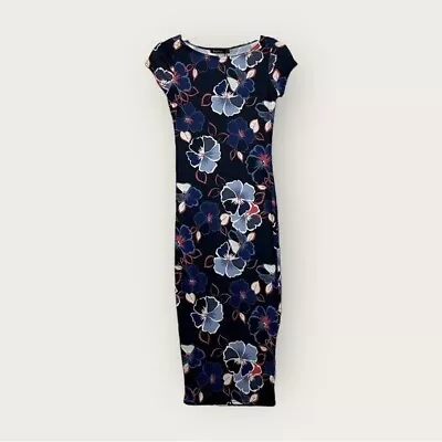 NWT | Boohoo | Body Con Floral Midi Dress | Black/Blue | Size 4 • $18