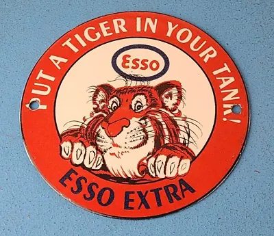 Vintage Esso Gasoline Sign - Tiger Gas Service Station Auto Tank Porcelain Sign • $147.47