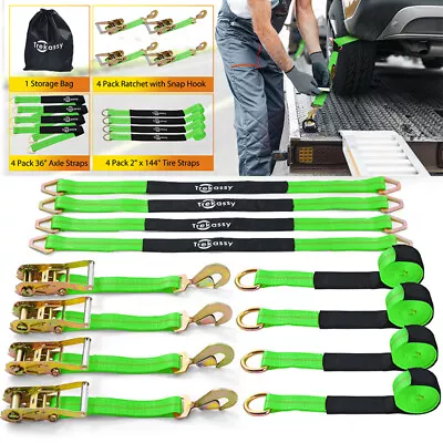 4 Pack Axle Strap Car Trailer Hauler Heavy Duty Ratchet Tie Down Strap Snap Hook • $76.05