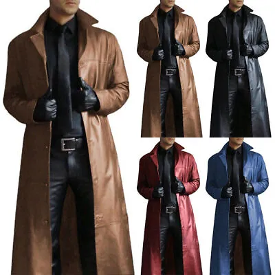 Men Leather Trench PU Long Coat Single Breasted Lapel Slim Windbreaker Jacket❥ • $36.04