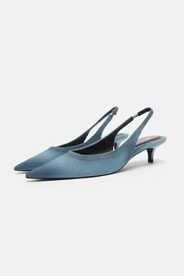 NWT ZARA Denim Kitten Heeled Slingbacks Denim Blue 1229/111 Sz 6.5 (Eur 37) • $59.90