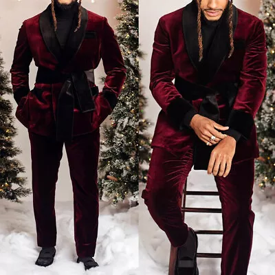 Men's Burgundy Smoking Jacket Velvet Suit Black Shawl Lapel Groom Wedding Blazer • $59.32