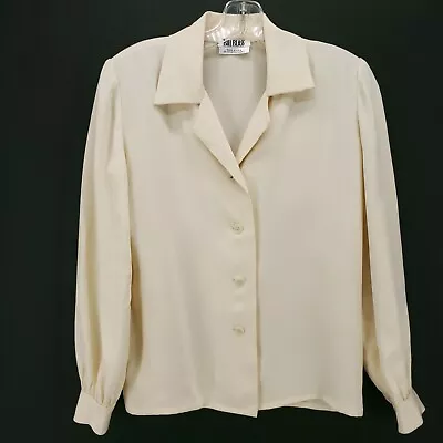 Vintage Bill Blass Ivory Satin Sheen Button Down Shirt Blouse Size S/M • $25