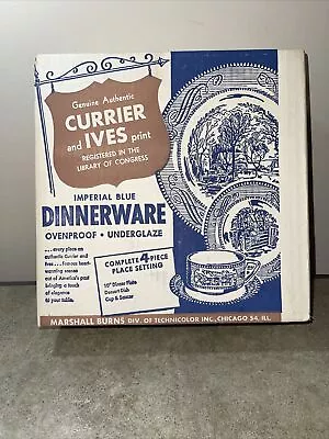 Vintage Currier And Ives Imperial Blue Dinnerware 4 Piece Place Setting In Box • $20