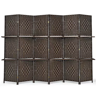 6 Panel Folding Room Divider 6Ft Weave Fiber Screen W/ 2 Display Shelves Brown • $109.99