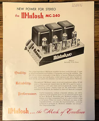 McIntosh  MC240 MC-240 Amplifier  Dealer Brochure / Spec Sheet  *Original* • $14.97