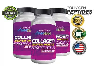 Collagen Multi Peptides Hydrolyzed Types IIIIIIVX - 3 Bottles - Made In USA • $28.99