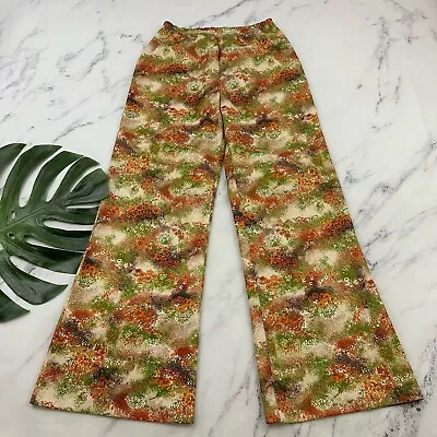 Womens Vintage 70s Wide Leg Flare Pants Size 14 Orange Green Floral Pull On • £35.65