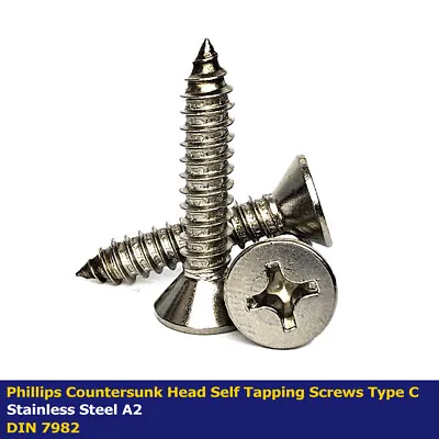 No2 X 1/2  - (2.2 X 13mm) PHILLIPS COUNTERSUNK SELF TAPPING SCREWS STAINLESS A2 • £1.39