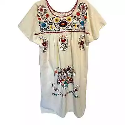 Mexican Embroidered Midi Dress Womens Medium Ivory Short Sleeve Shift  • $34.95