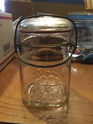 Vintage Atlas Good Luck Pint Glass Jar 4 Leaf Clover  Shamrock Glass Lid Wire #9 • $17.99