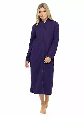 Ladies Zip Up Soft Fleece Dressing Gown Zipped Robe With Satin Trim Rose New • £21.99