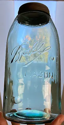 Vintage BALL MASON Triple L Aqua Glass Half Gallon Fruit Jar W/ Bubbles Zinc Lid • $35.95