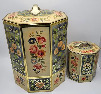 2 Vintage Belgium Octogon Foral Tea Tin Set 8.5  And 4.5  • $22