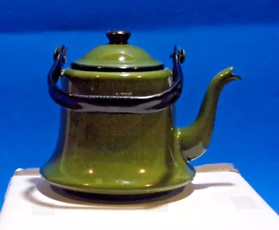 $20 • Buy Vintage Enamel Olive Green Teapot W/Black Handle