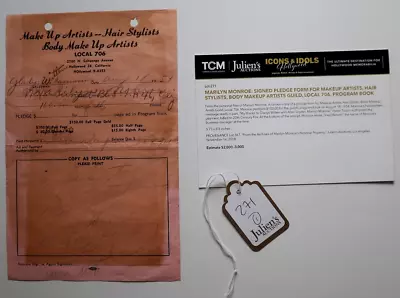 Marilyn Monroe Personally Owned Signed Form For Make Up Artists Julien's Auction • $3595