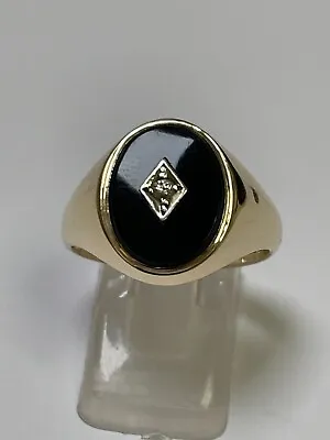 Large 9 Carat Yellow Gold GENTS BLACK ONYX & DIAMOND SET Ring • £285