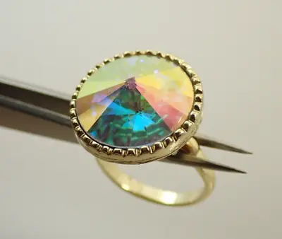 Vintage Adjustable Gold Tone Aurora Borealis Rivoli Stone Ring • $19.99