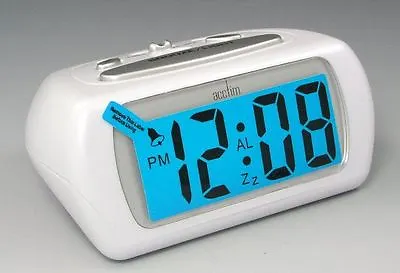 Acctim White Auric Alarm Clock Blue LCD Battery Operated Digital Lighted • £16