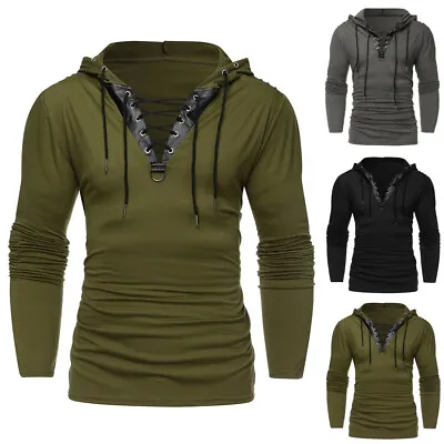 Men's Gothic Steampunk Shirts Sweatshirt Lace Up Long Sleeve Pullover Hooded Top • $23.84