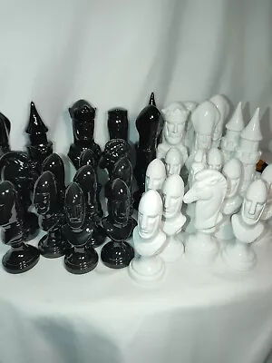 Vintage 1979 Ceramic LArge  Chess PCS Black White 4.5 -7  Chessmen 35 PCS • $60