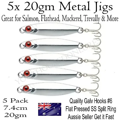 5 Fishing Lures Metal Jig Slug Bream Flathead Salmon Mackerel Tailor Herring 20g • $12.95