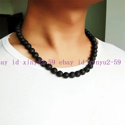 Men Necklace 6mm 8mm Black Volcanic Lava Stone Choker Rock Beads Chains Necklace • $3.58