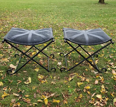 2 Vintage Forged Wrought Iron Leather Folding X Base Stool Seat Bench Chairs • $549.55