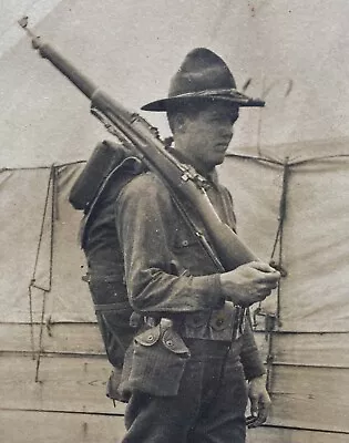 US Army Military Soldier In Uniform Rifle & Gear Vintage Photo AZO 1918-1930 • $11.96