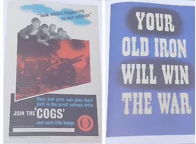 2x Wartime Home Front Posters Kids Join The Cogs + Your Old Iron Win War Salvage • £8.99