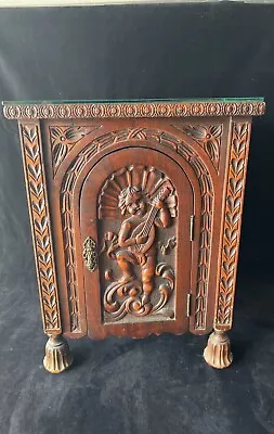 Antique English Carved Oak Marquetry Cabinet • $450