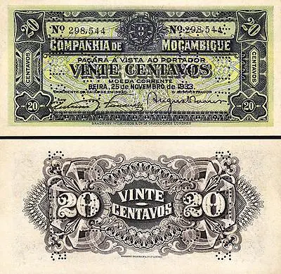 Mozambique 20 Centavos 1933 UNC P-R29  Perforated • $3.85